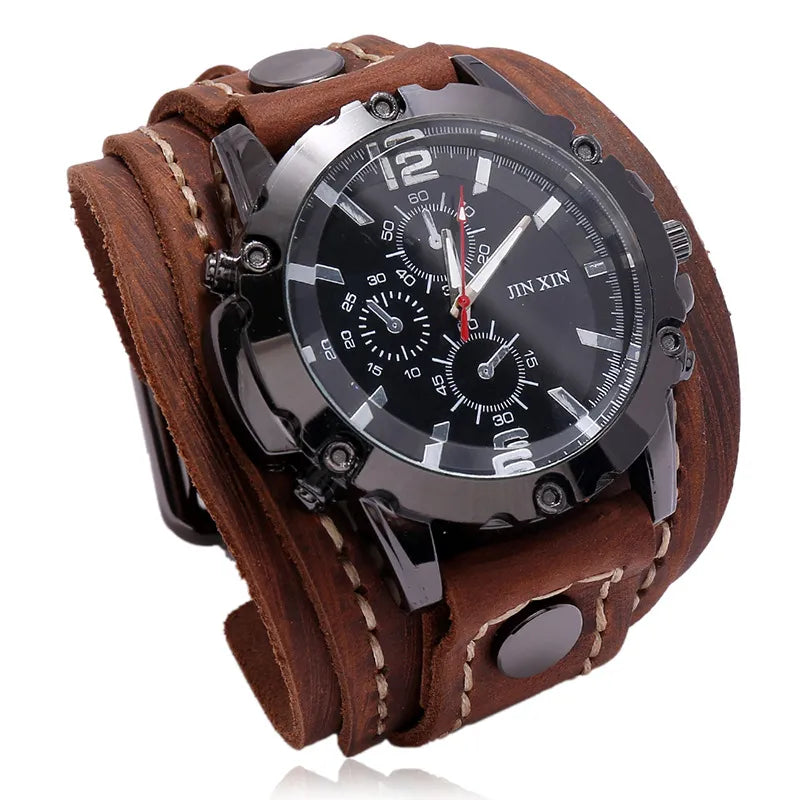 Reloj de pulsera de cuarzo para hombre 2025, reloj de moda con correa de piel de vacuno, estilo punk vintage, reloj grande y redondo con brazalete de piel auténtica ancha