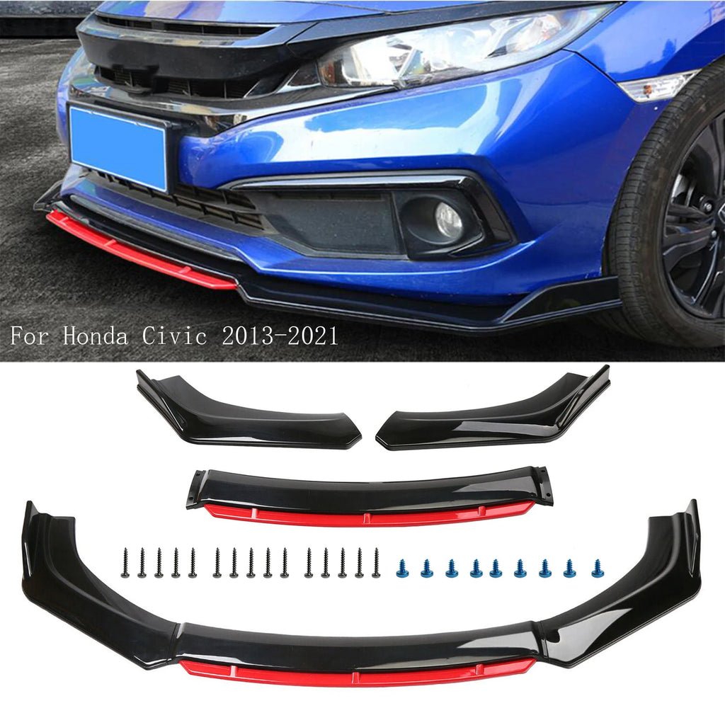 Kit de spoiler universal para parachoques delantero de coche, 4 piezas, negro brillante con detalles en rojo