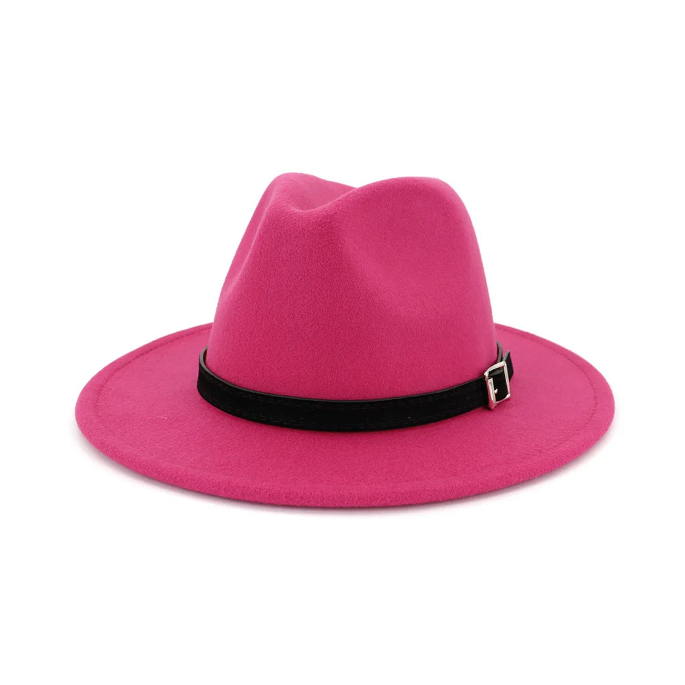 QBHAT Men Women Wide Brim Wool Felt Fedora Panama Hat With Belt Buckle Jazz Trilby Cap Party Formal Top Hat in White,black