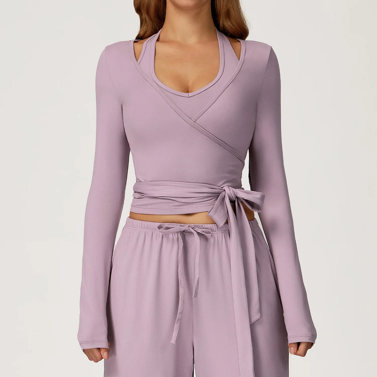 Women's Brushed Wrap Tie Long Sleeve Yoga Top Halter V-Neck Slim Fit Workout Fitness Sportswear