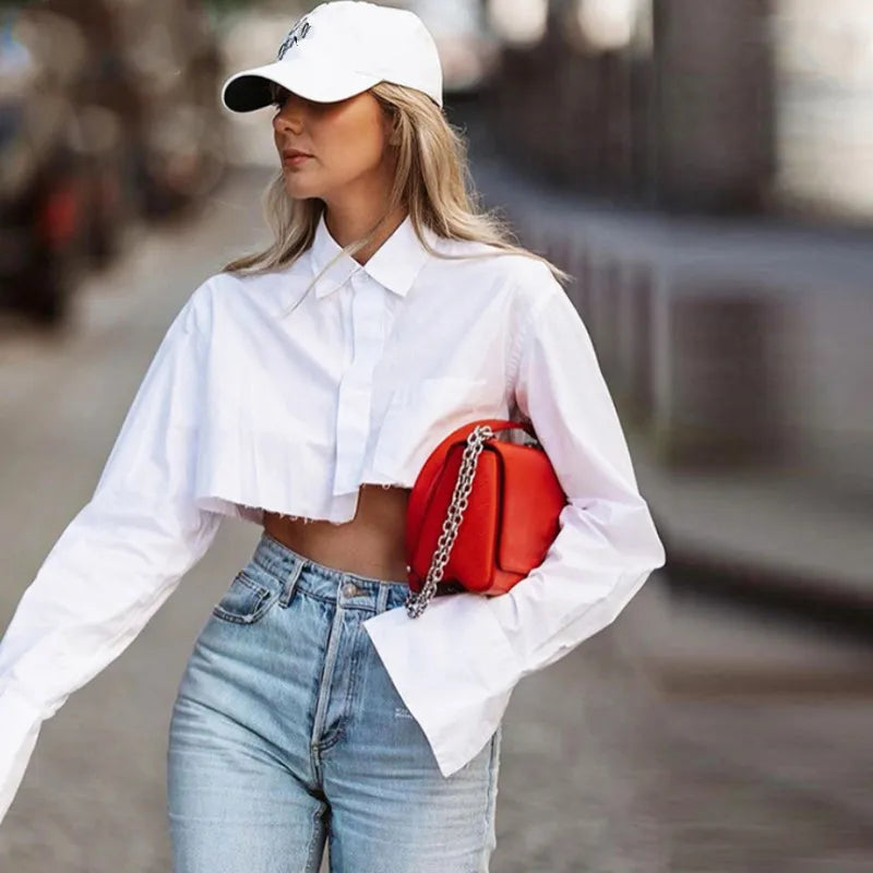 Women Long Sleeve Korean K-Pop Shirt 2021 Spring Fashion Ladies Club Street Sexy Short White Top Blouse