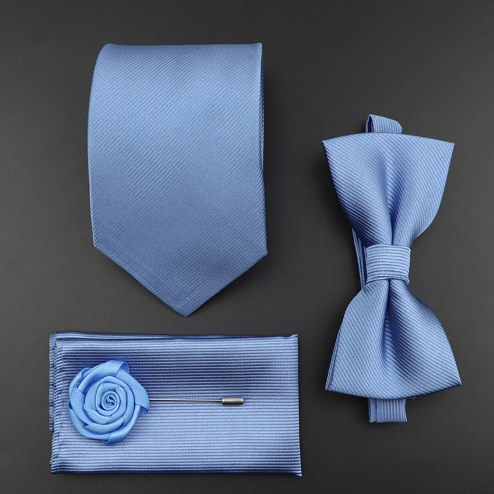 New Solid Color Silk Men Tie Set Polyester Jacquard Woven Necktie Bowtie Suit Vintage Red Blue for Groom Business Wedding Party