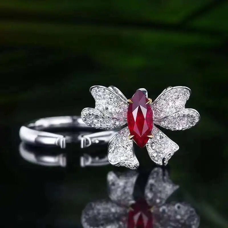 SGARIT Gemstone Jewelry Ruby Butterfly Ring AIGS Certificate 18K White Gold 1.55CT Marquise Shape Natural Red Ruby Design Ring