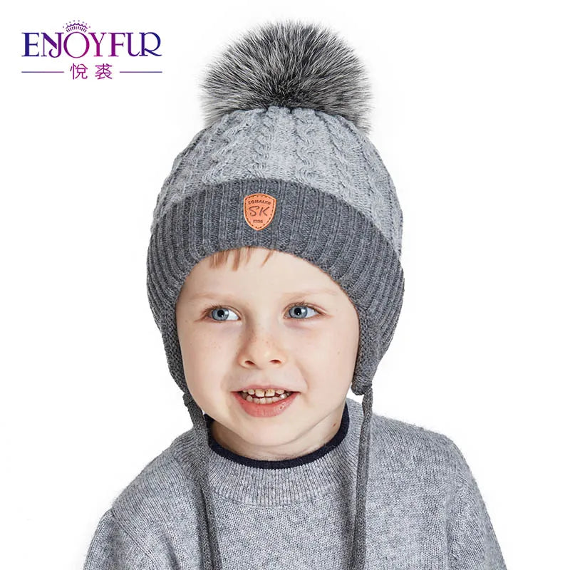 ENJOYFUR Warm Winter Baby Knitted Hats Real Fur Pompom Fleece Lined Boy Caps Cute Thick Kids Elastic Earflap Outdoor Ski Beanies