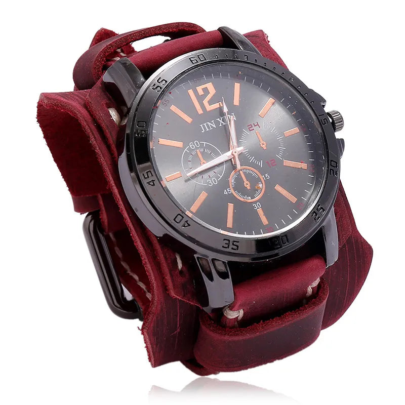 Reloj de pulsera de cuarzo para hombre 2025, reloj de moda con correa de piel de vacuno, estilo punk vintage, reloj grande y redondo con brazalete de piel auténtica ancha