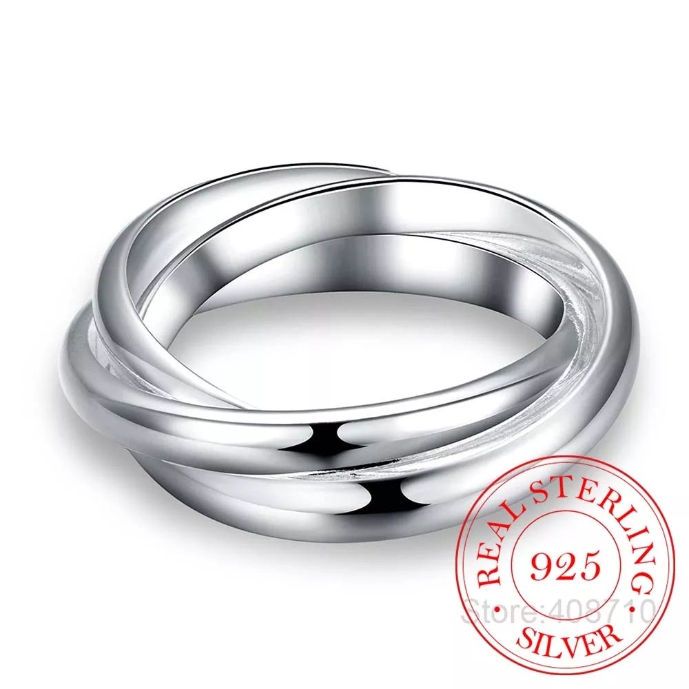 Nuevos y hermosos anillos de moda de plata de ley 925, tres círculos, joyería de plata.