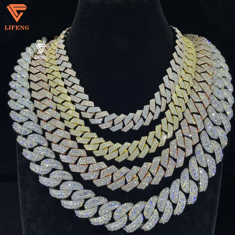 Precio económico, cadena de eslabones cubanos de moissanita de 10 mm, 12 mm, 14 mm, 15 mm, 18 mm, 20 mm, collar de cadena de eslabones cubanos "iced out" de plata de ley 925