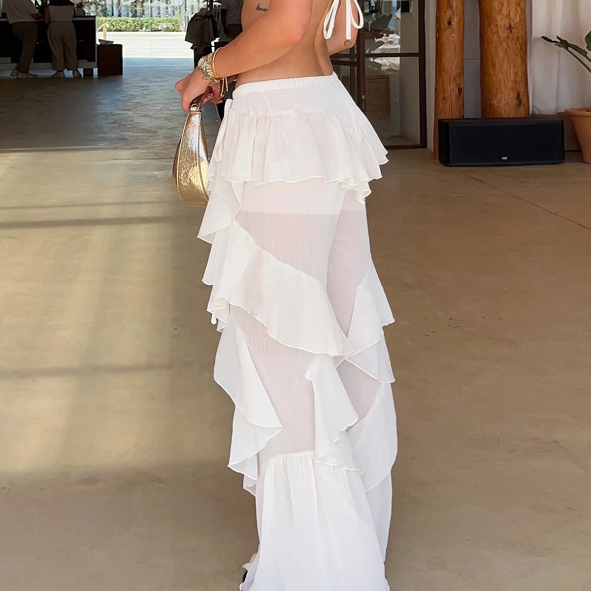 Women's White Ruffle Flare Pants Low Rise Loose Fit Bohemian Summer Chiffon Full Length Breathable Solid Color Trousers