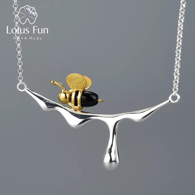 Lotus Fun 18K guld bi- och honungsdroppe-halsband, äkta 925 sterlingsilver, handgjorda lyxiga designersmycken för kvinnor