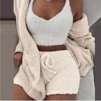Knit Sleepwear Pajamas for Women's Lingerie 3 Piece Set