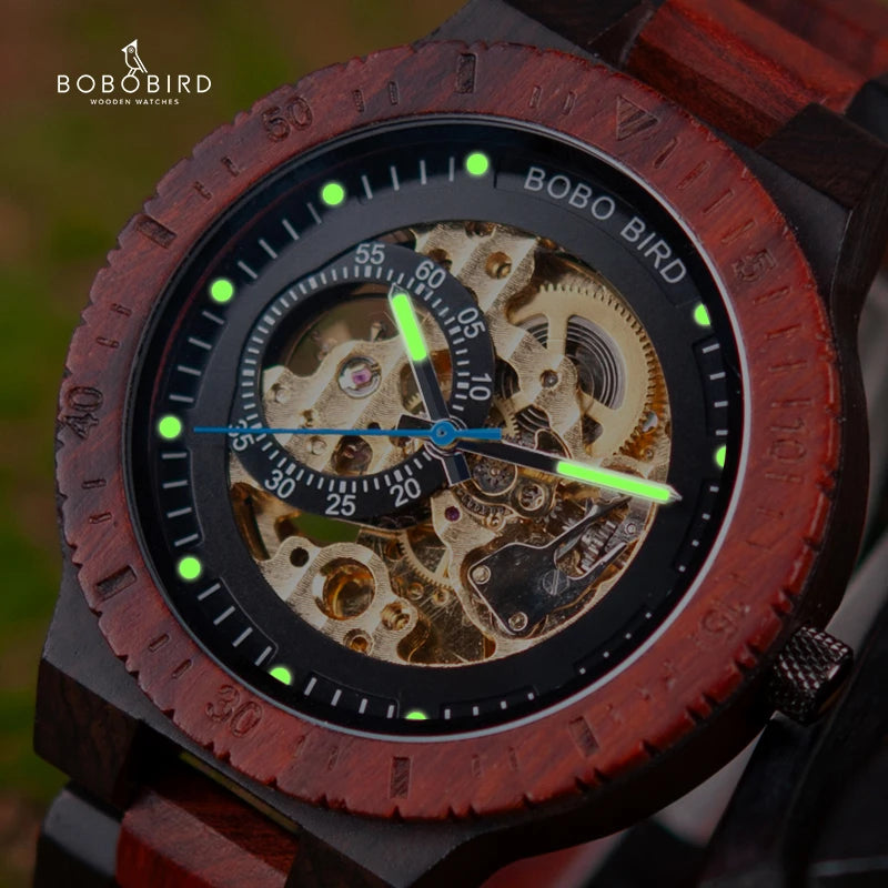 BOBO BIRD Wooden Mechanical Automatic Wristwatch for Men with Luminous Hands