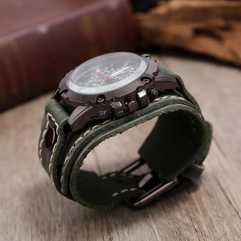 Reloj de pulsera de cuarzo para hombre 2025, reloj de moda con correa de piel de vacuno, estilo punk vintage, reloj grande y redondo con brazalete de piel auténtica ancha