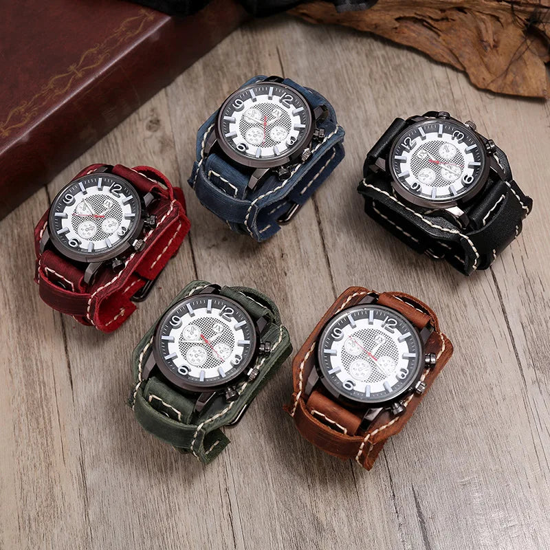Reloj de pulsera retro para hombre, correa ancha de cuero genuino, reloj de cuarzo de estilo punk a la moda, brazaletes de piel de vaca 2025