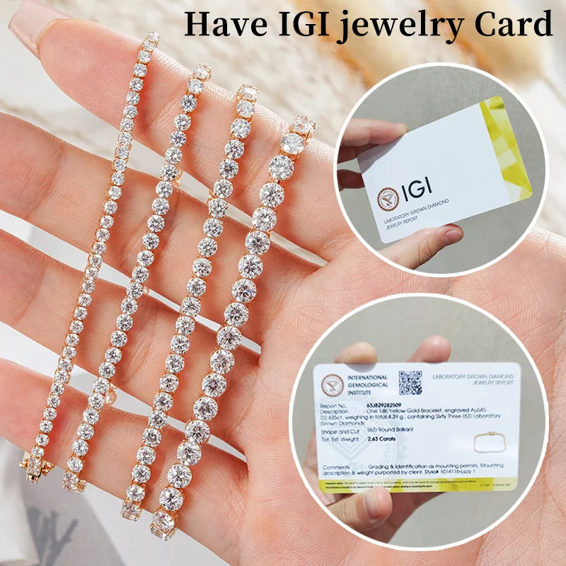 Pulsera de tenis unisex de lujo con diamantes de laboratorio de 1,9 mm, 2,9 mm, 3,2 mm y 4,1 mm, color DEF, claridad VS, certificada por IGI, montura en garras, en oro de 10k/14k/18k, de Starsgem.
