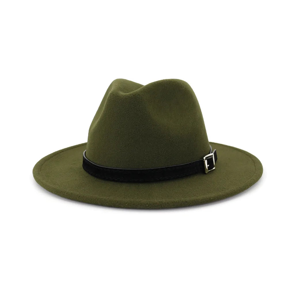 QBHAT Men Women Wide Brim Wool Felt Fedora Panama Hat With Belt Buckle Jazz Trilby Cap Party Formal Top Hat in White,black