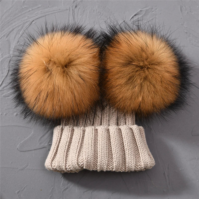 Gorro de punto para bebé de invierno con dos pompones de piel, gorro con bolas de piel natural para niños y niñas, gorro infantil con doble pompón de piel real