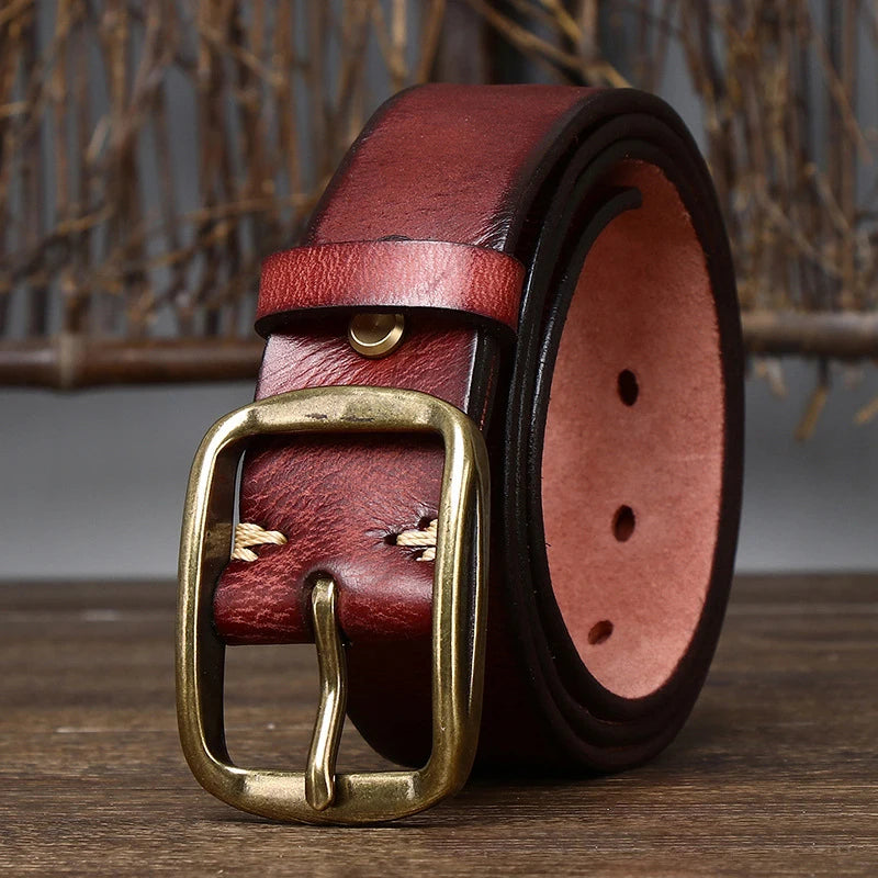 Cinturón de cuero vacuno auténtico de 3,8 cm de grosor con hebilla de cobre para hombre, estilo casual, retro, de alta calidad y lujo.