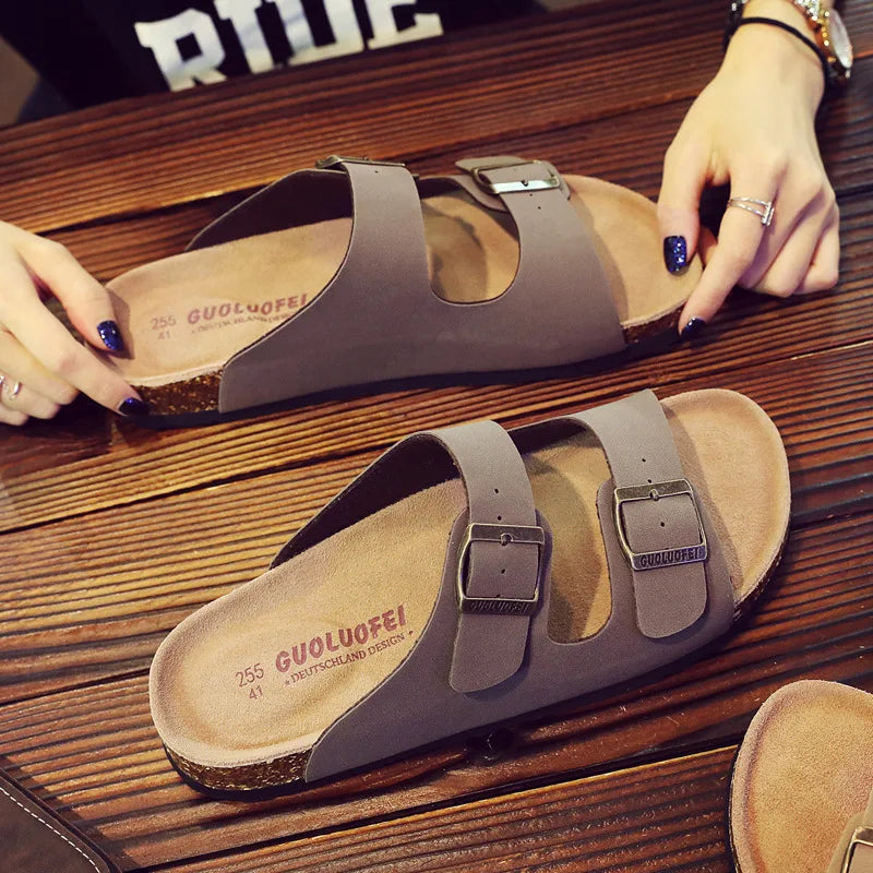 2022 New Men's PU Leather Mule Clogs Slippers High Quality Soft Cork Two Buckle Slides Footwear for Men Women Unisex 35-46