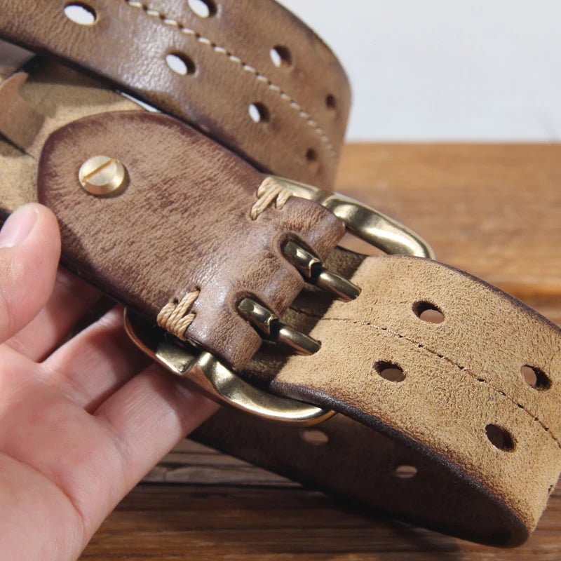 Cinturón vintage para hombre de 3.8 cm de ancho, estilo doble hebilla, 100% piel de vaca, hebilla de doble punta, cinturón resistente hecho a mano, cinturón de moda para jeans, color marrón