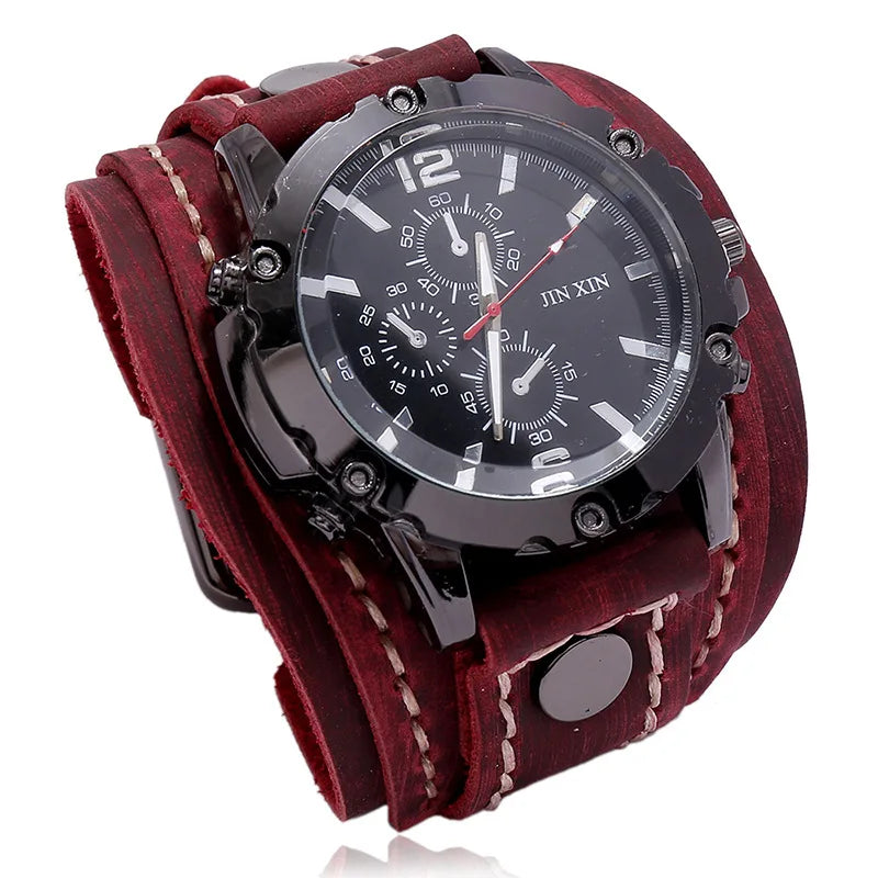 Reloj de pulsera de cuarzo para hombre 2025, reloj de moda con correa de piel de vacuno, estilo punk vintage, reloj grande y redondo con brazalete de piel auténtica ancha