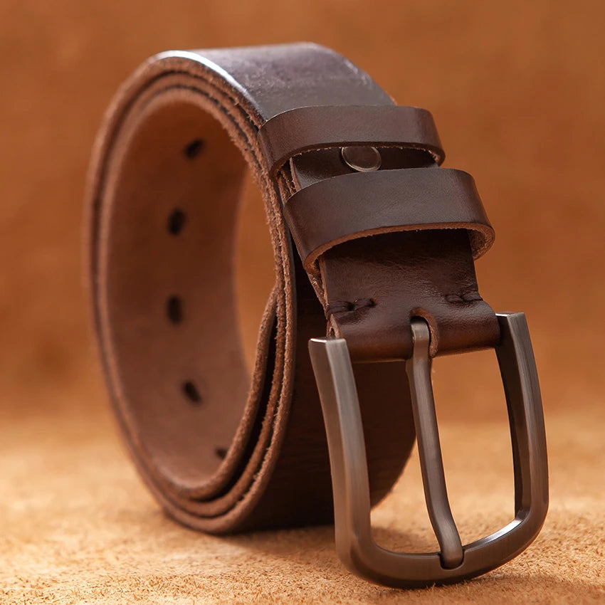 Cinturones de piel auténtica de vaca para hombre, diseño de lujo, estilo de moda de alta calidad, cinturón vaquero vintage para hombre, color marrón