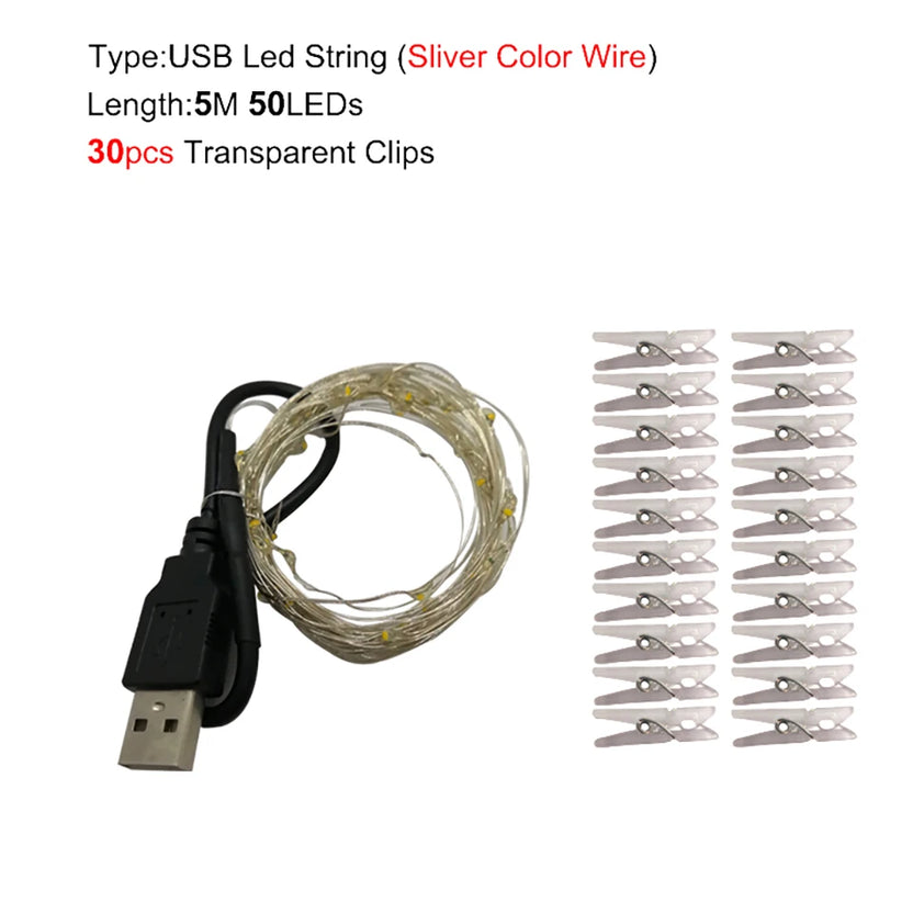 LED-ljusslinga med fotoklämmor 5M-10M USB- eller batteridriven