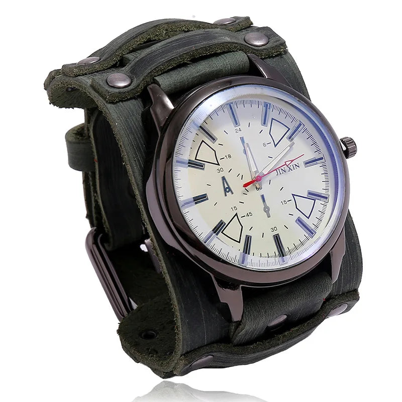 Reloj de pulsera de cuarzo para hombre 2025, reloj de moda con correa de piel de vacuno, estilo punk vintage, reloj grande y redondo con brazalete de piel auténtica ancha