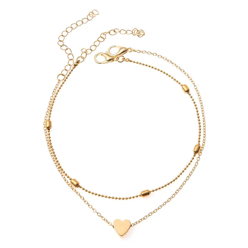 Trendy Beads Multilayer Summer Heart Anklet for Woman Bohemian Vintage Footwear Leg Bracelets 2021 Female Foot Jewelry G