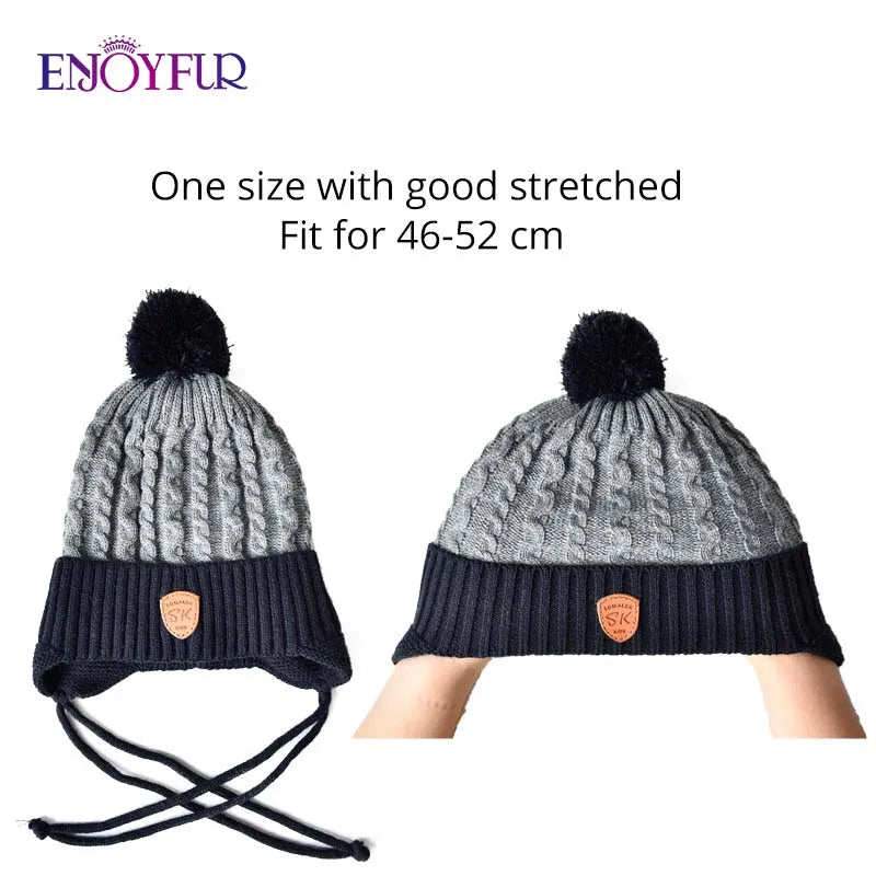 ENJOYFUR Warm Winter Baby Knitted Hats Real Fur Pompom Fleece Lined Boy Caps Cute Thick Kids Elastic Earflap Outdoor Ski Beanies
