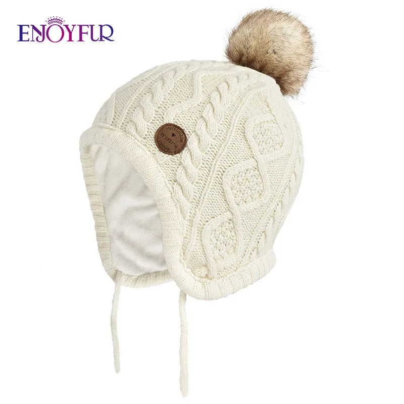 ENJOYFUR Kids Winter Knit Hats for Girl Boy Natural Fox Fur Pompom Children Bonnets Warm Thick Cute Baby Outdoor Earflap Beanies