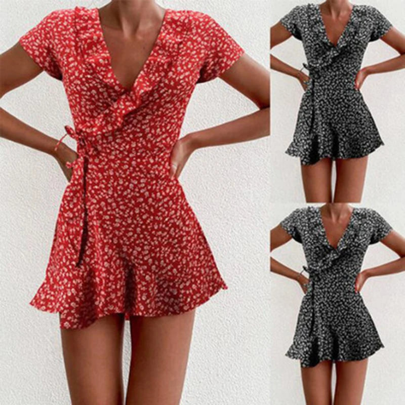 Summer Women’s Floal A-Line Dress Sweet Elegant Floral Ruffles V-Neck Bandage Short Dress for Lady Chic Flowers Mini Dress