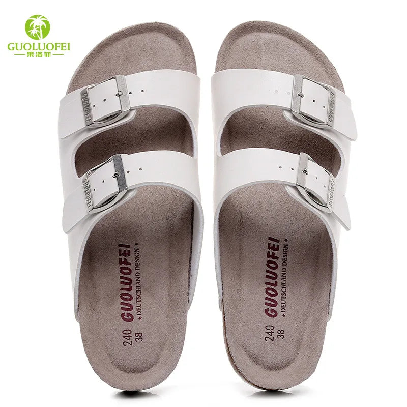 2022 New Men's PU Leather Mule Clogs Slippers High Quality Soft Cork Two Buckle Slides Footwear for Men Women Unisex 35-46