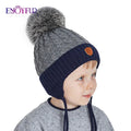 ENJOYFUR Warm Winter Baby Knitted Hats Real Fur Pompom Fleece Lined Boy Caps Cute Thick Kids Elastic Earflap Outdoor Ski Beanies