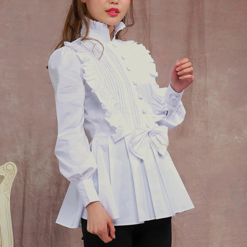Vår Dam Vit Topp Vintage Viktoriansk Volang Veckad Skjorta Lyktärm Kvinna Gotisk Högkrage Blus Lolita Kostym