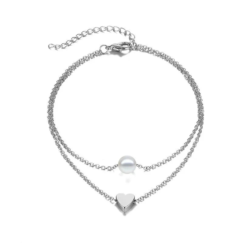Trendy Beads Multilayer Summer Heart Anklet for Woman Bohemian Vintage Footwear Leg Bracelets 2021 Female Foot Jewelry G