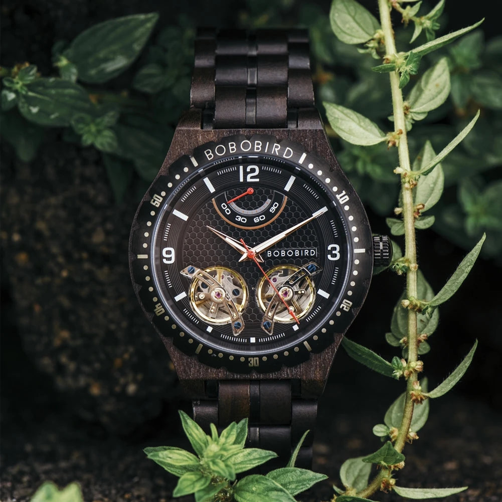BOBO BIRD Men Mechanical Wooden Watches Double Tourbillon Movement Business Luxury Automatic Wristwatches for Men Custom