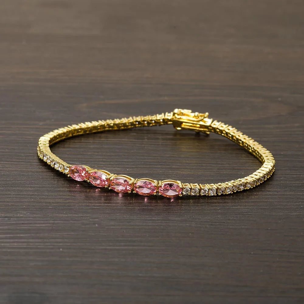 AceWings 2mm Pink and Clear CZ Geometric Tennis Bracelet Gold Plated