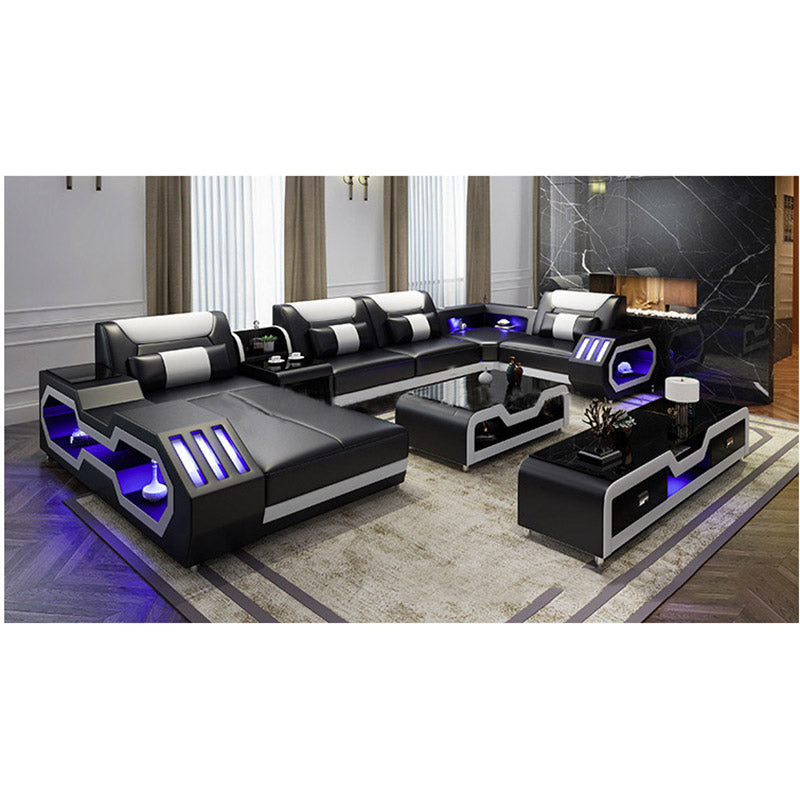 Furniture Factory Provided Living Room Sofas Modern Style Genuine Leather Sofa  U Shaped Corner Sofa Design Led Light Set Ly001