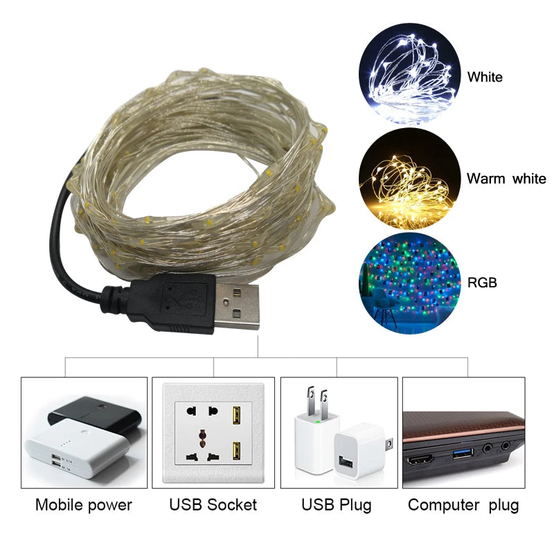 LED-ljusslinga med fotoklämmor 5M-10M USB- eller batteridriven