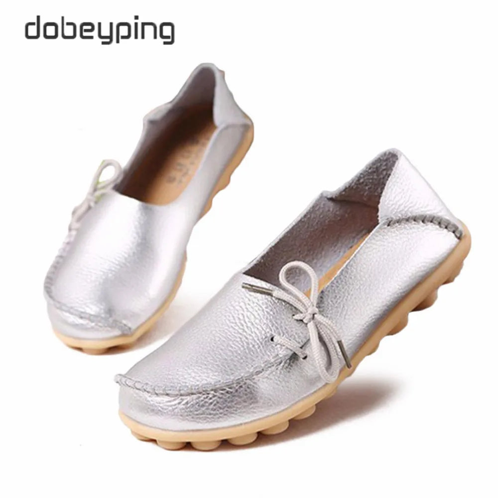 New Moccasins Women Flats 2026 Autumn Woman Loafers Genuine Leather Female Shoes Slip on Ballet Bowtie Women's Shoe Size 35-44