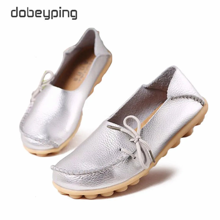 Nowe mokasyny damskie 2026 jesienne damskie loafersy buty ze skóry naturalnej wsuwane baleriny z kokardką buty damskie rozmiar 35-44