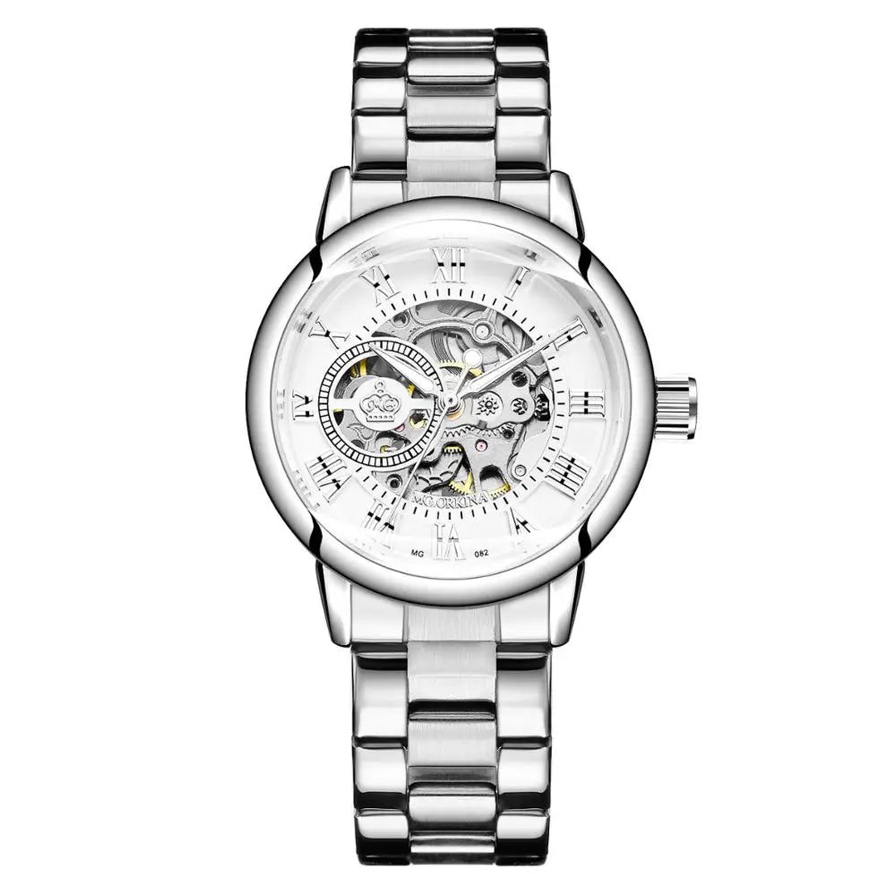 Damski zegarek automatyczny ORKINA typu skeleton, elegancki model w kolorze różowego złota na bransolecie typu mesh ze stali nierdzewnej / pasku skórzanym