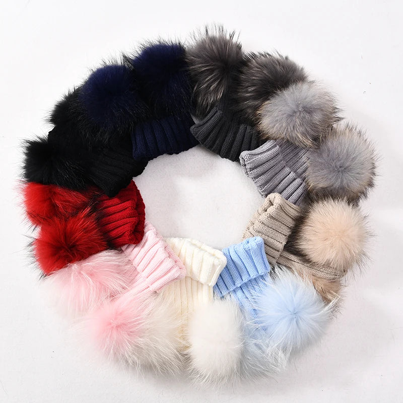 Gorro de punto para bebé de invierno con dos pompones de piel, gorro con bolas de piel natural para niños y niñas, gorro infantil con doble pompón de piel real
