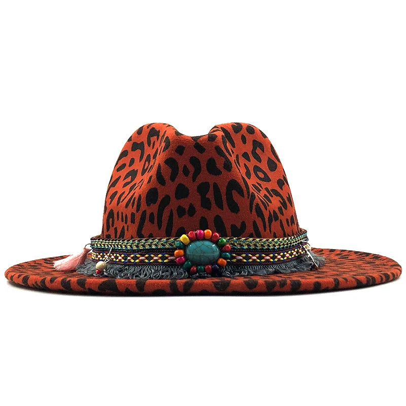Trend Unisex Flat Brim Wool Felt Jazz Fedora Hats Men Women Leopard Grain Tassel Band Decor Trilby Panama Formal Hats 58-60cm