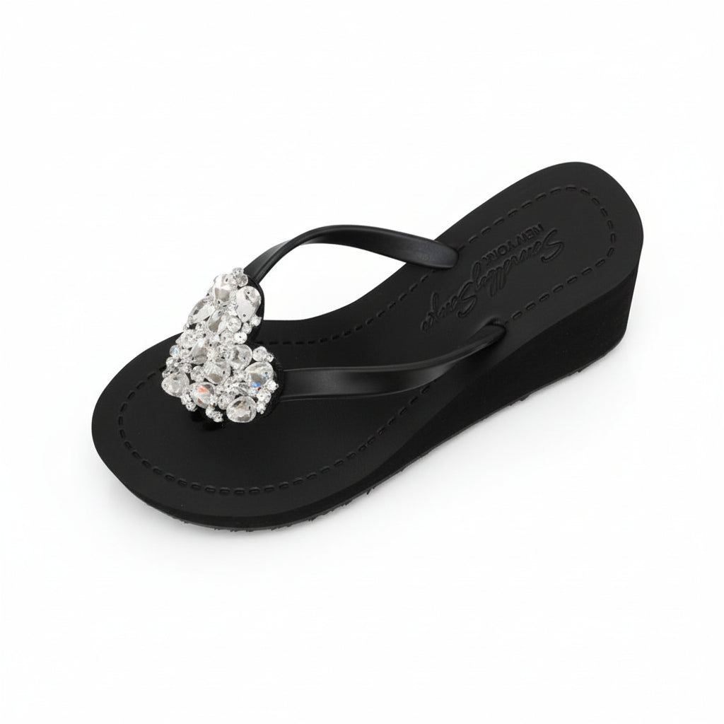 Crystal Heart - Rhinestone High Heeled Wedge Flip Flops Womens Embellished Sandals