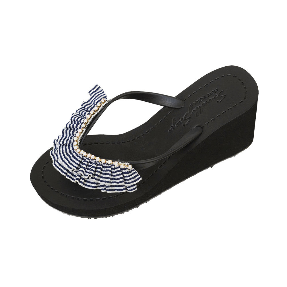 Rockaway Stripe - Marine Blue and White Rhine Stone Embellished Women's High Wedge Flip Flops Sandal