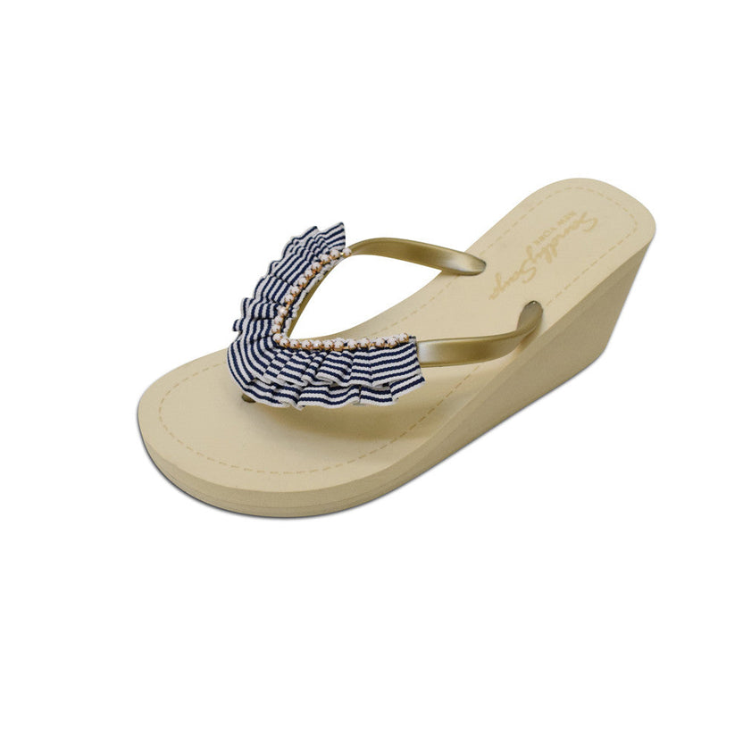 Rockaway Stripe - Marine Blue and White Rhine Stone Embellished Women's High Wedge Flip Flops Sandal
