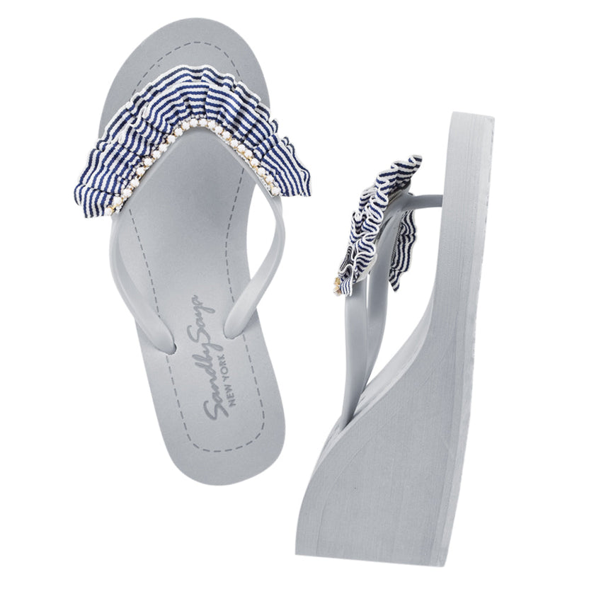 Rockaway Stripe - Marine Blue and White Rhine Stone Embellished Women's High Wedge Flip Flops Sandal