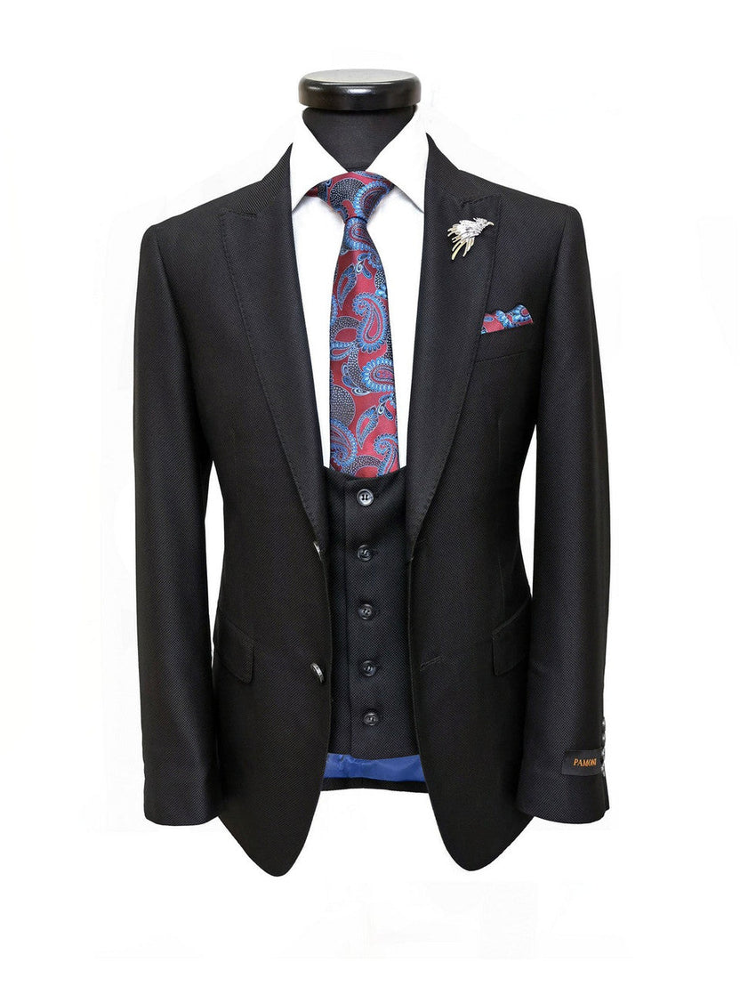 Black Textured Two Button Slim Fit Suit