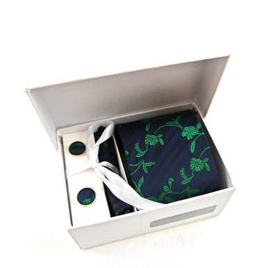 Corbata y gemelos florales verde marino